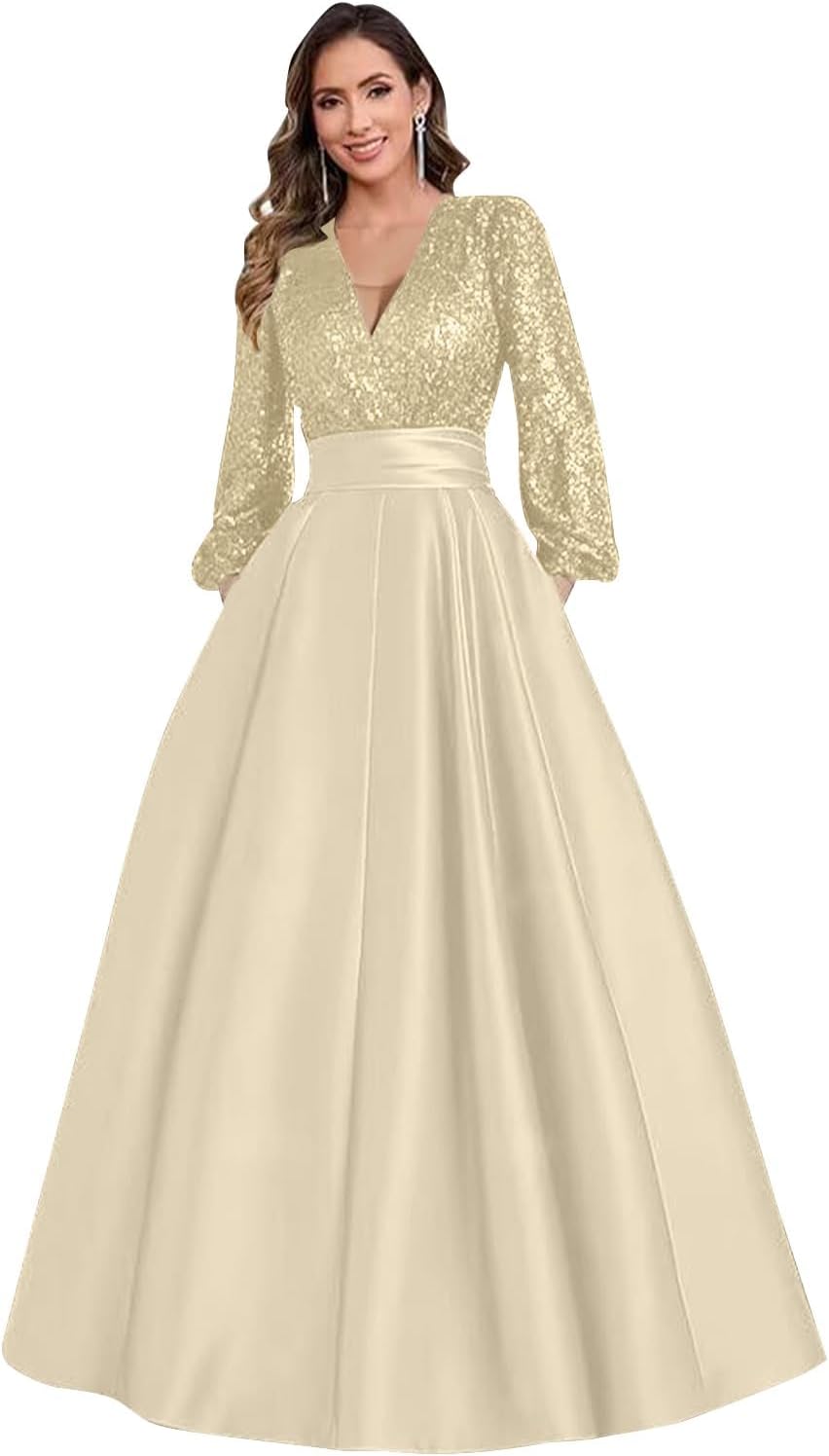 Satin Mother of Bride Dresses Long for Women Sequin Long Sleeve Evening Gown with Pockets
