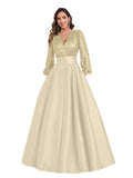 Satin Mother of Bride Dresses Long for Women Sequin Long Sleeve Evening Gown with Pockets