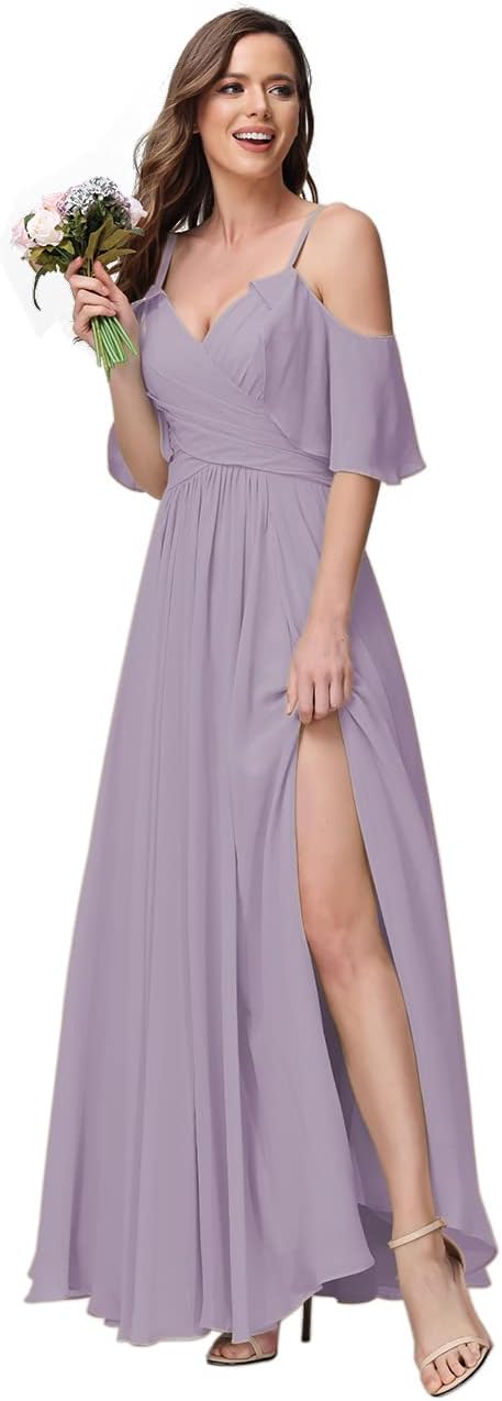 Women's Long Spaghetti Straps Bridesmaid Dress with Slit Off Shoulder Chiffon Formal Party Gowns