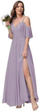 Women's Long Spaghetti Straps Bridesmaid Dress with Slit Off Shoulder Chiffon Formal Party Gowns