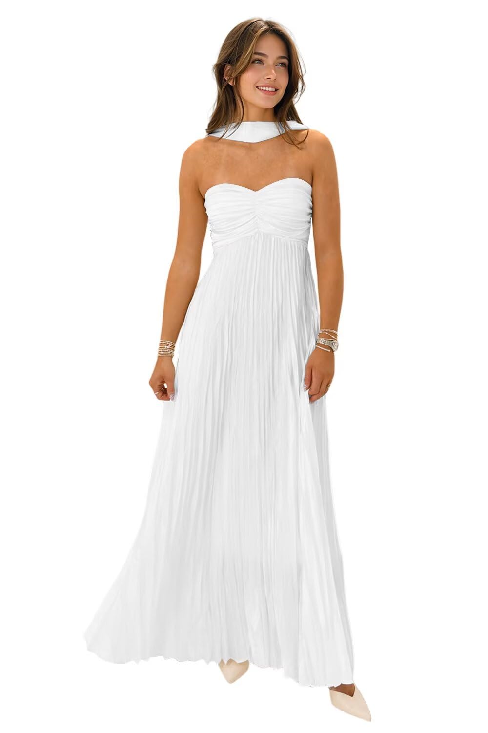 Flowy Chiffon Bridesmaid Prom Dress with Scarf Strapless Pleated Formal Evening Dresses