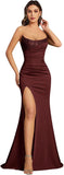 Mermaid Satin Prom Dresses for Women Strapless Sequin Formal Dress 2027 Pleated Evening Party Gowns with Slit
