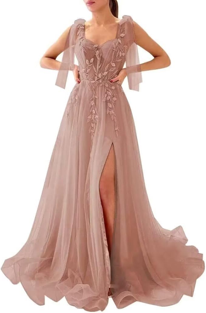 Appliques Tulle Lace Prom Dresses with Slit Spaghetti Straps Formal Evening Dress Sweetheart Ball Gowns