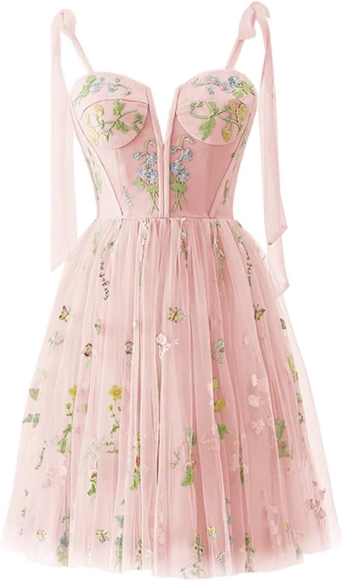 Vestidos de fiesta para mujer, con tirantes finos, cortos, bordados de flores, tul, vestidos formales 