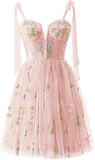 Vestidos de fiesta para mujer, con tirantes finos, cortos, bordados de flores, tul, vestidos formales 