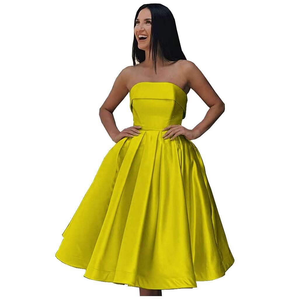 Tea Length Satin Cocktail Party Dresses for Women, Strapless Formal Evening Prom Gown Homecoming Graduation Dresses
