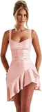 Blush Pink Ruffles Satin Homecoming Dresses for Teens Spaghetti Straps A Line V Neck Cocktail Short Pleated Prom Dress