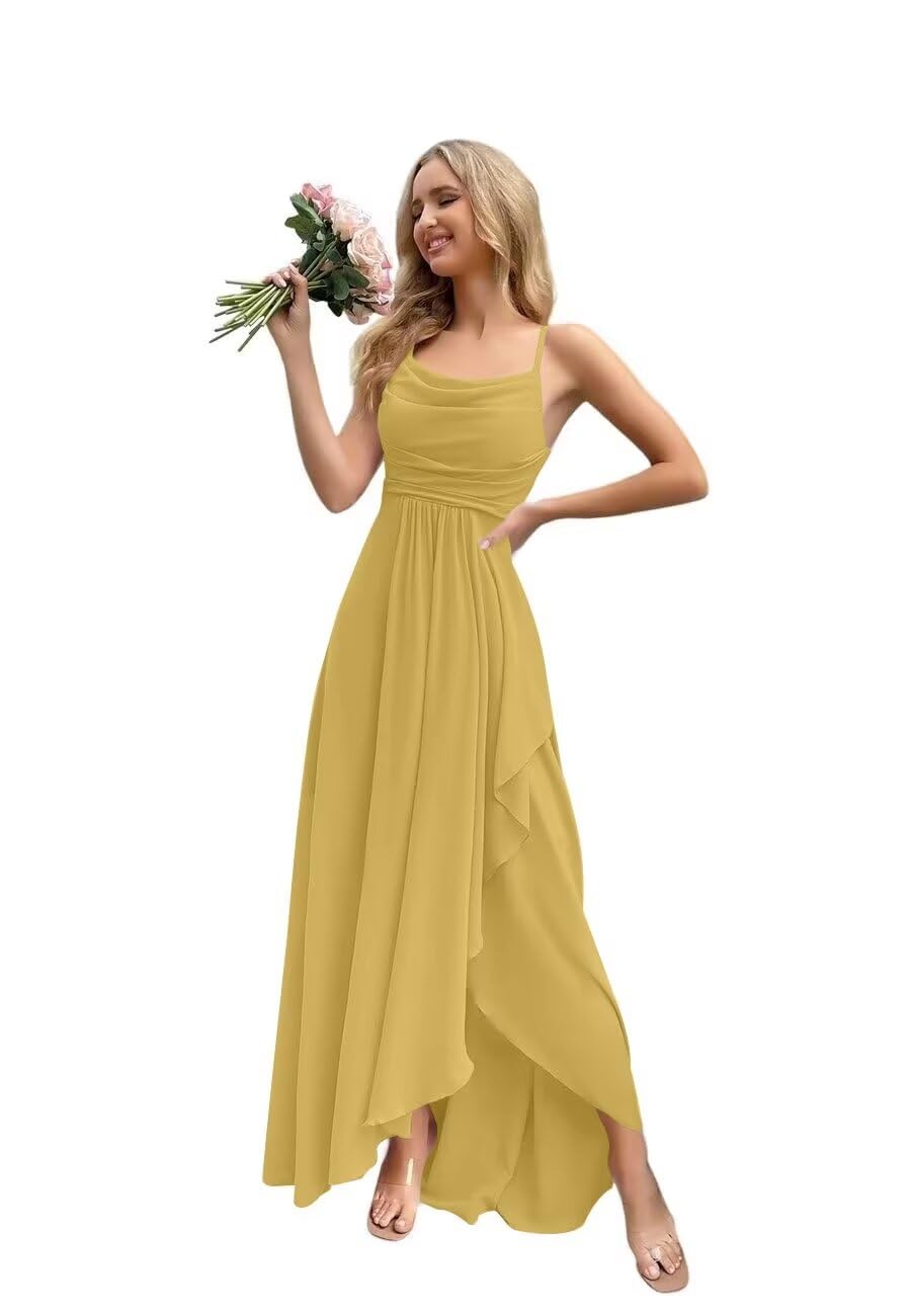 Spaghetti Strap Chiffon Bridesmaid Dresses for Women Long Ruched A-Line Cowl Neck Formal Evening Gowns with Slit