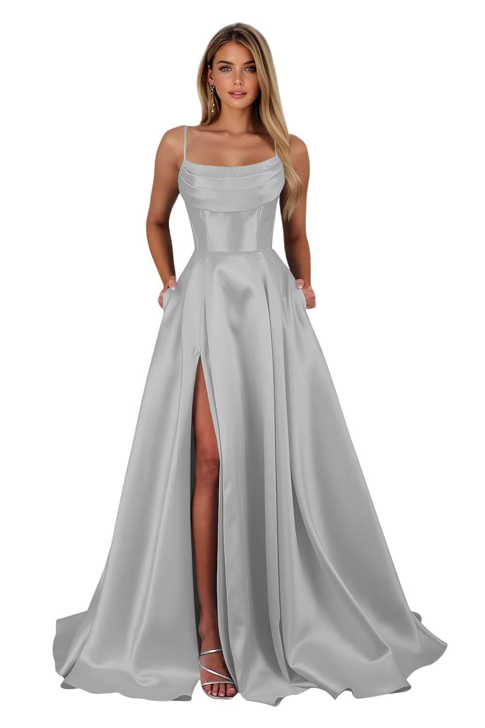 Satin Prom Dresses for Teens Long A-Line Cowl Neck Formal Evening Gown with Slit 2026 Maxi Ball Gowns