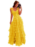 Tiered Prom Dresses with Bow Long A-Line Chiffon Formal Evening Dress for Women Spaghetti Straps Slit Ball Gown