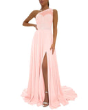 One Shoulder Chiffon Bridesmaid Dresses for Wedding 2026 Lace A-Line Slit Formal Evening Party Gown with Pockets