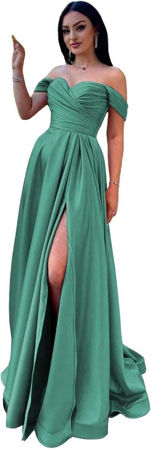 Schulterfreies Satin-Ballkleid, herzförmiger Ausschnitt, formelles Kleid, A-Linie, Abendkleid mit Schlitz 