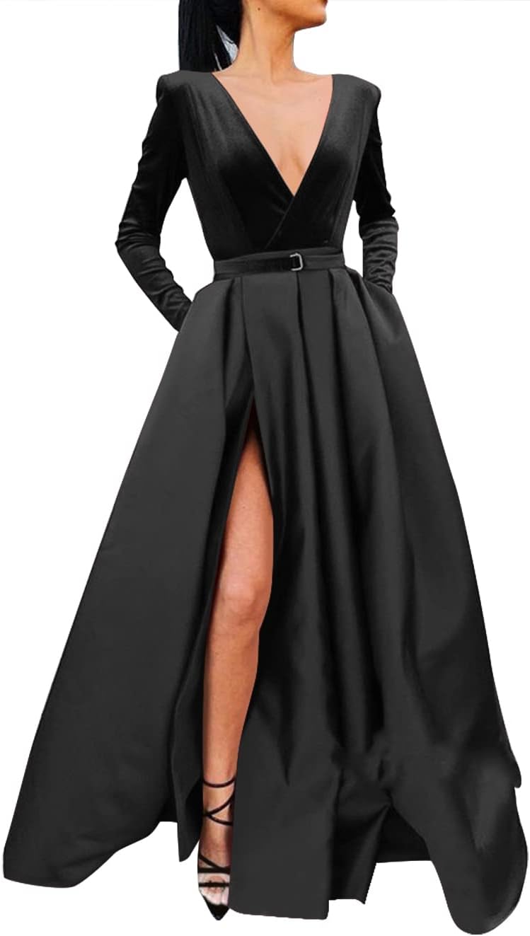 Vestido de fiesta de satén con lentejuelas brillantes para mujer, con bolsillos, manga larga y abertura. 