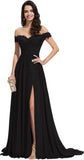 Women's Off The Shoulder Long Prom Dresses with Slit Lace Appliqued Chiffon Formal Party Gowns