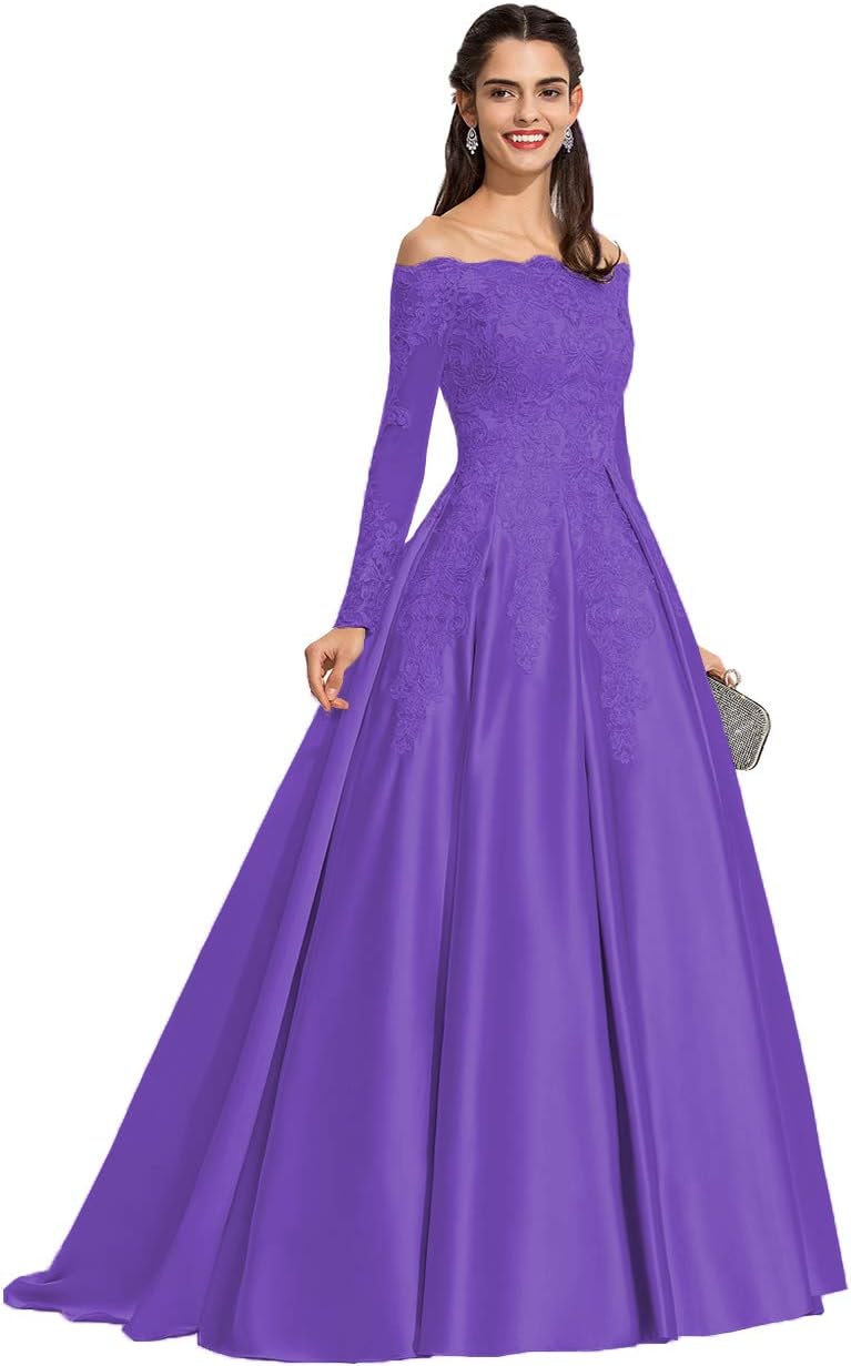Vestidos de fiesta formales de satén con apliques de encaje y hombros descubiertos para mujer, con mangas largas