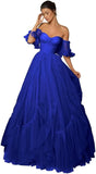 A-line Ruffled Short Sleeve Tulle Prom Dress for Women, Sweetheart Formal Gown Off The Shoulder Long Party Dress