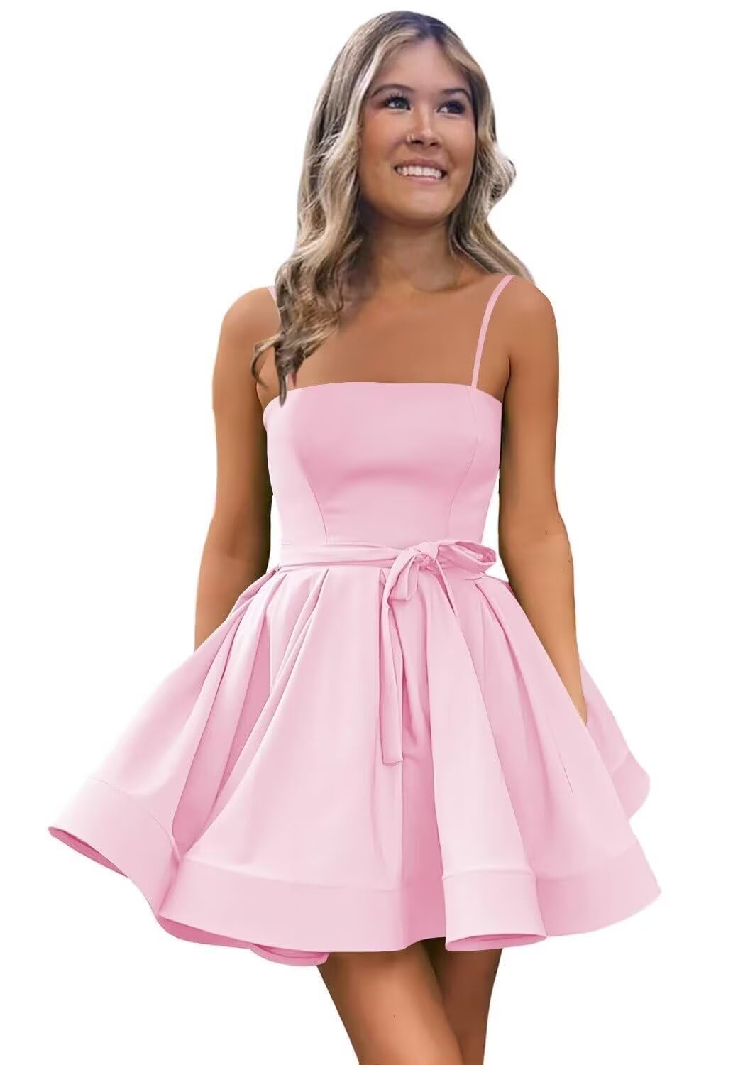 Women’s Short Satin Spaghetti Straps Formal Homecoming Dresses A Line Corset Puffy Prom Gown with Pockets for Teens
