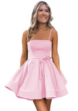 Women’s Short Satin Spaghetti Straps Formal Homecoming Dresses A Line Corset Puffy Prom Gown with Pockets for Teens