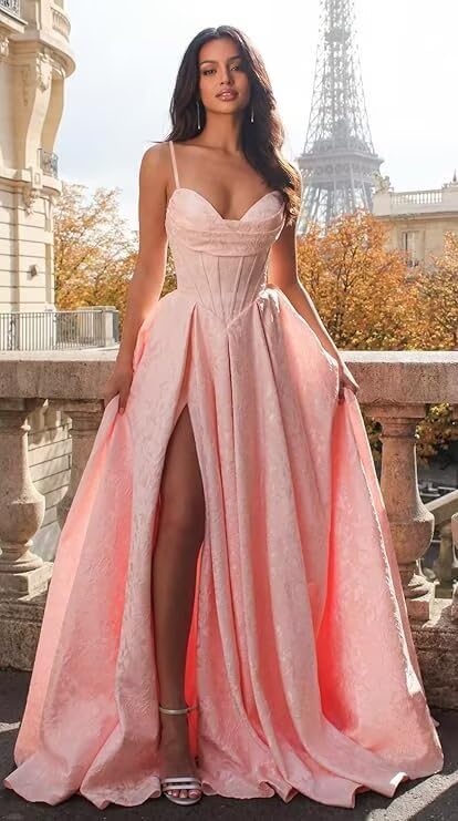 Jacquard Satin Spaghetti Straps Prom Dresses for Women Aline Backless Formal Evening Party Ball Gowns with Pockets