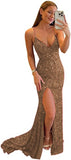 Women's Spaghetti Straps Sequin Prom Dresses Mermaid Sleeveless Double V-Neck Sparkle Evening Dress with Slit