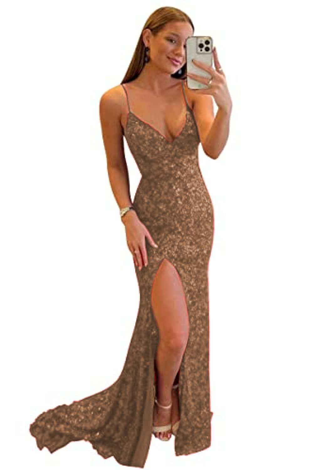 Women's Spaghetti Straps Sequin Prom Dresses Mermaid Sleeveless Double V-Neck Sparkle Evening Dress with Slit