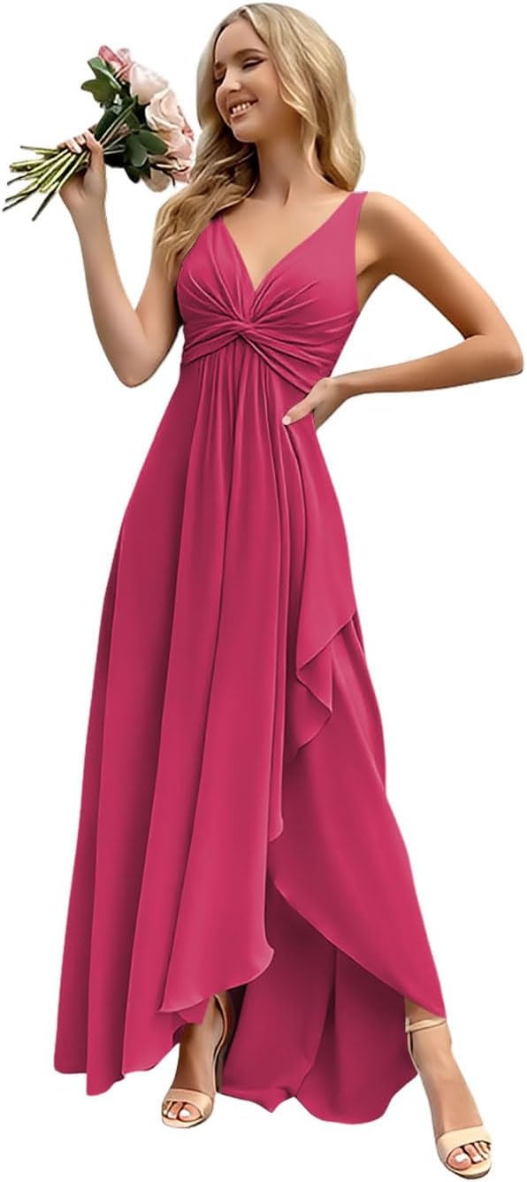 Women’s Long Bridesmaid Dresses Sleeveless V-Neck Formal Wedding Guest Chiffon Prom Gowns for Teens