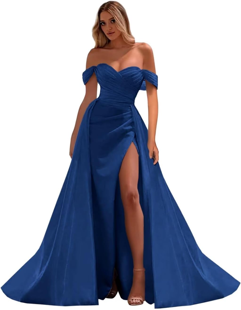 Vestidos de fiesta de satén con hombros descubiertos, corte sirena, fruncido, de noche formal, para mujer 