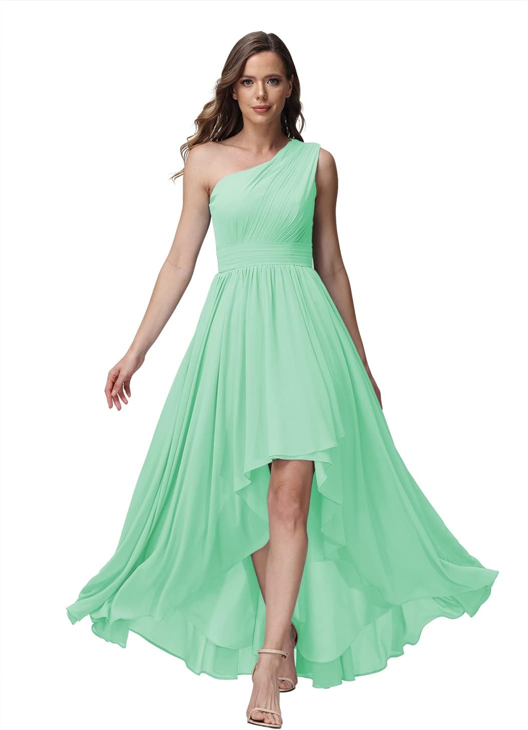 Vestido de dama de honor de un solo hombro para mujer, vestido formal de noche de gasa con bolsillos y corte alto bajo