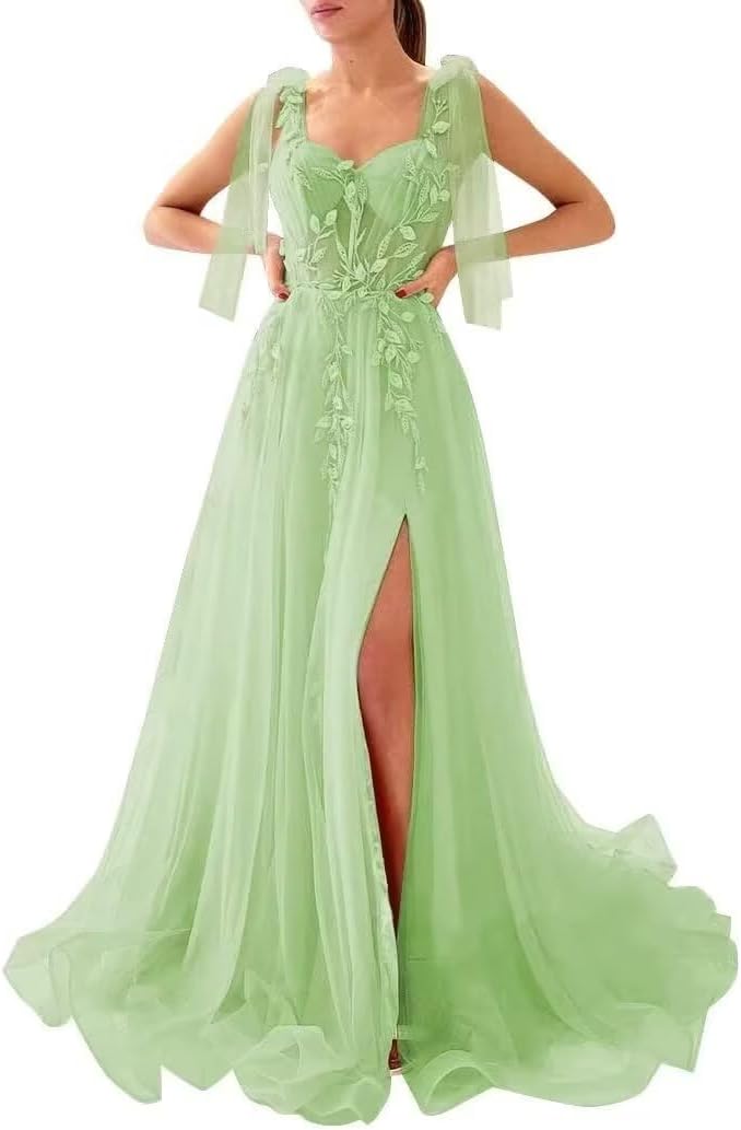 Appliques Tulle Lace Prom Dresses with Slit Spaghetti Straps Formal Evening Dress Sweetheart Ball Gowns
