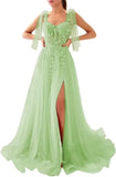 Appliques Tulle Lace Prom Dresses with Slit Spaghetti Straps Formal Evening Dress Sweetheart Ball Gowns