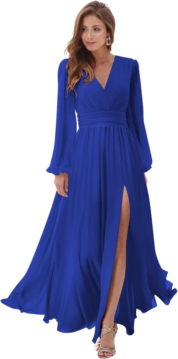 Women's Long Sleeve Bridesmaid Dresses with Slit V Neck A Line Chiffon Formal Evening Gowns with Pockets Mother of the Bride Gowns