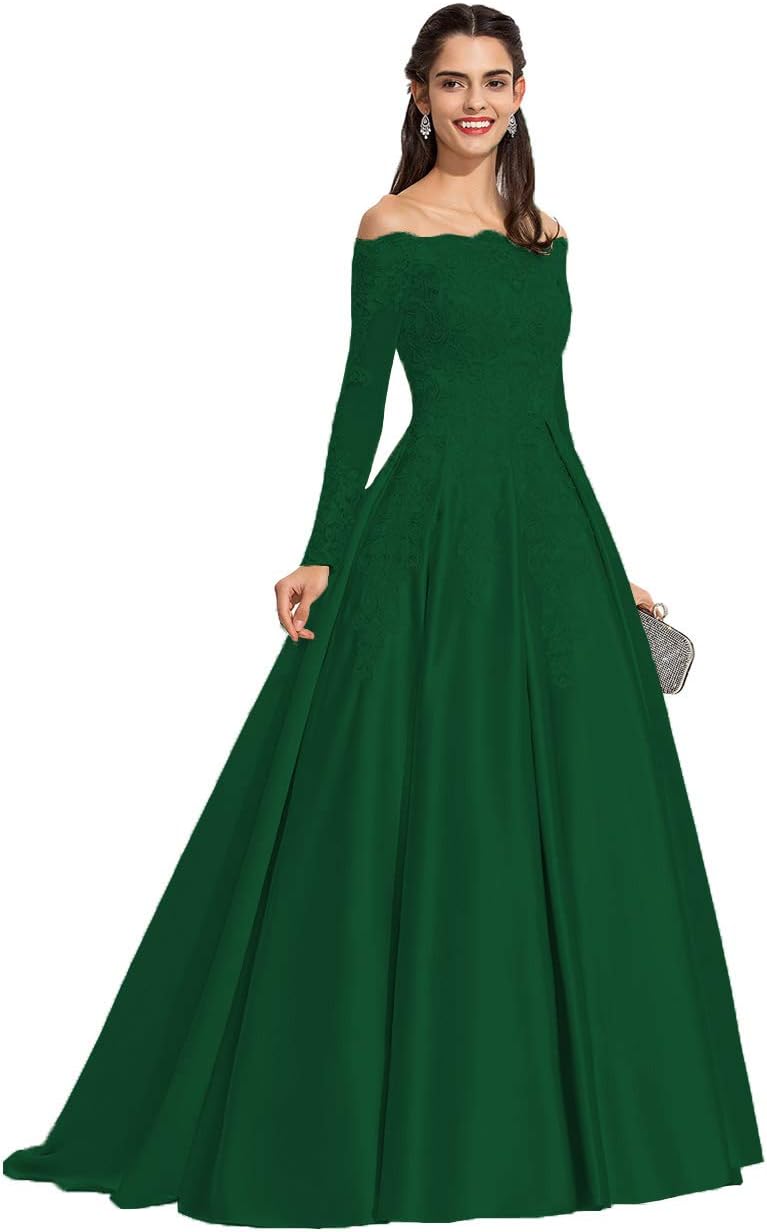 Vestidos de fiesta formales de satén con apliques de encaje y hombros descubiertos para mujer, con mangas largas