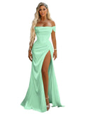Off Shoulder Mermaid Prom Dresses with Slit 2027 Long Satin Pleated Formal Dress for Women Evening Party