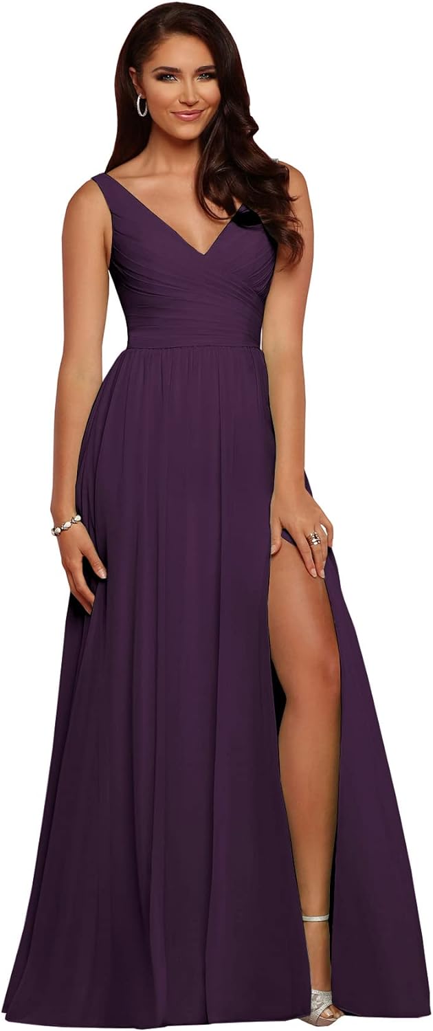 Vestidos de dama de honor largos con escote en V y abertura en gasa, corte A, plisados, para noche, fiesta formal