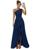 One Shoulder Bridesmaid Dresses for Women Satin Pleated Long A Line Formal Prom Evening Party Dress with Slit