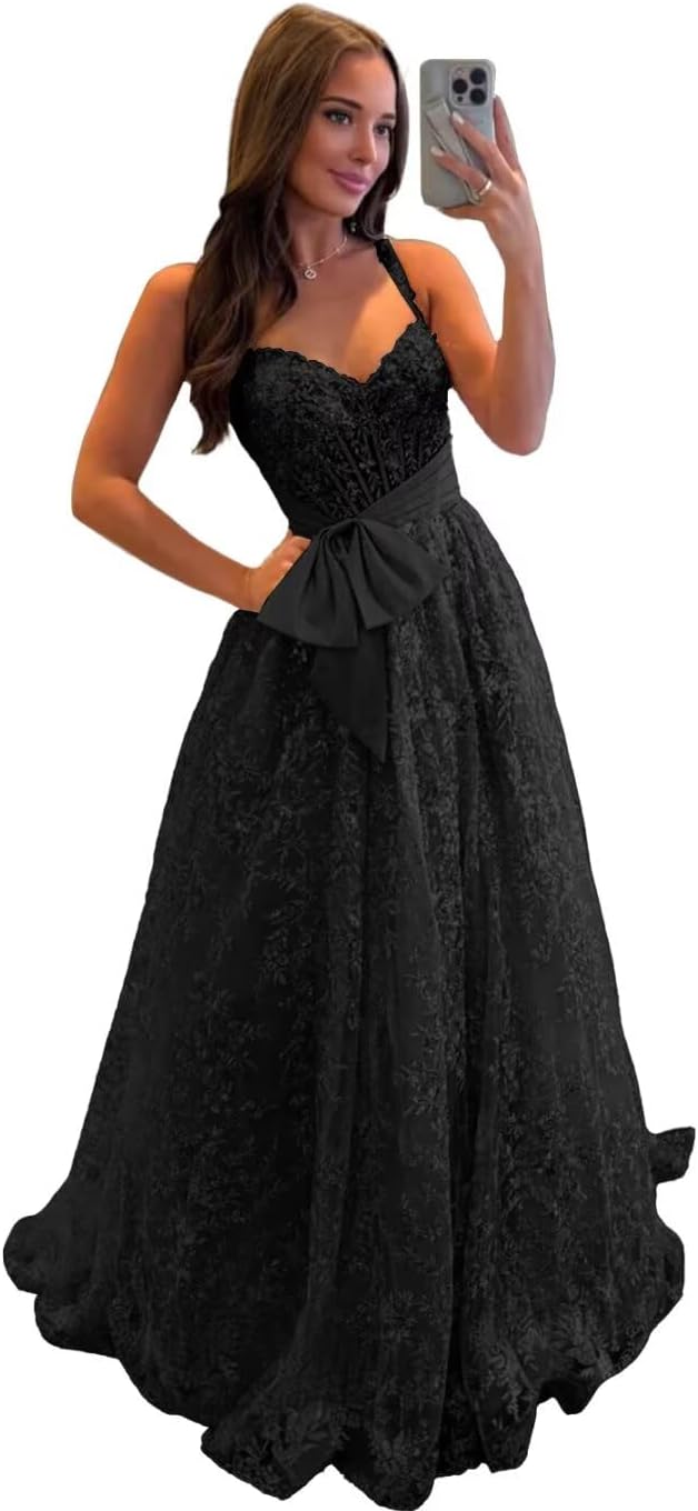 Lace Tulle Prom Dresses with Bow Appliques Corset A Line Long Formal Dress