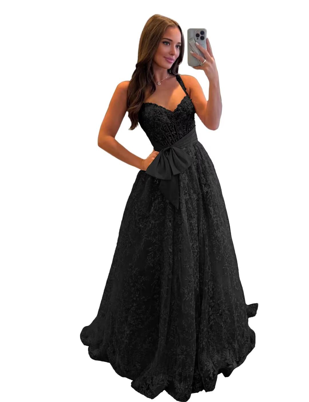 Lace Tulle Prom Dresses with Bow Appliques Corset A Line Long Formal Dress