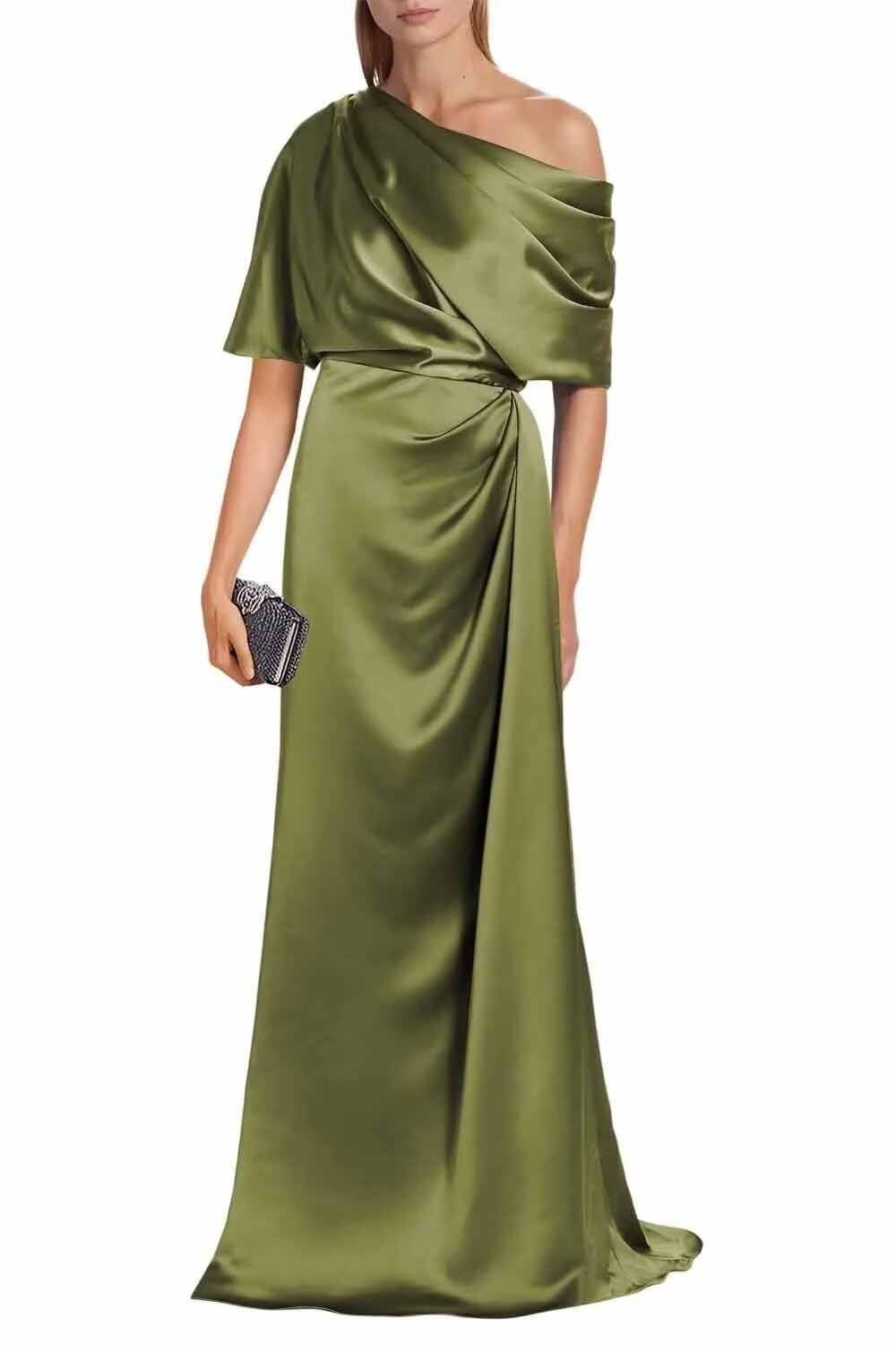 Satin Mother of The Bride Dresses for Wedding One Shoulder Formal Dress with Sleeves Mermaid Evening Party Gowns