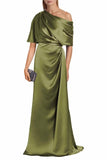 Satin Mother of The Bride Dresses for Wedding One Shoulder Formal Dress with Sleeves Mermaid Evening Party Gowns
