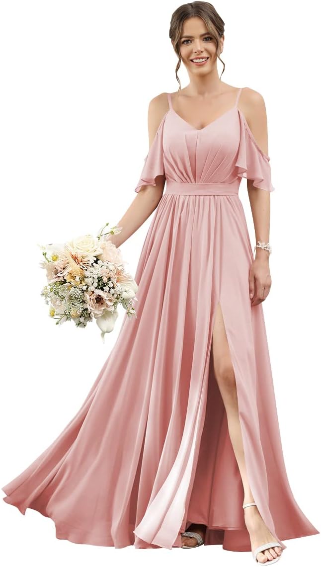 Women's Cold Shoulder Ruffle Sleeves Bridesmaid Dresses for Women 2025 Pleated Chiffon Formal Dresses with Slit