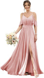 Women's Cold Shoulder Ruffle Sleeves Bridesmaid Dresses for Women 2025 Pleated Chiffon Formal Dresses with Slit