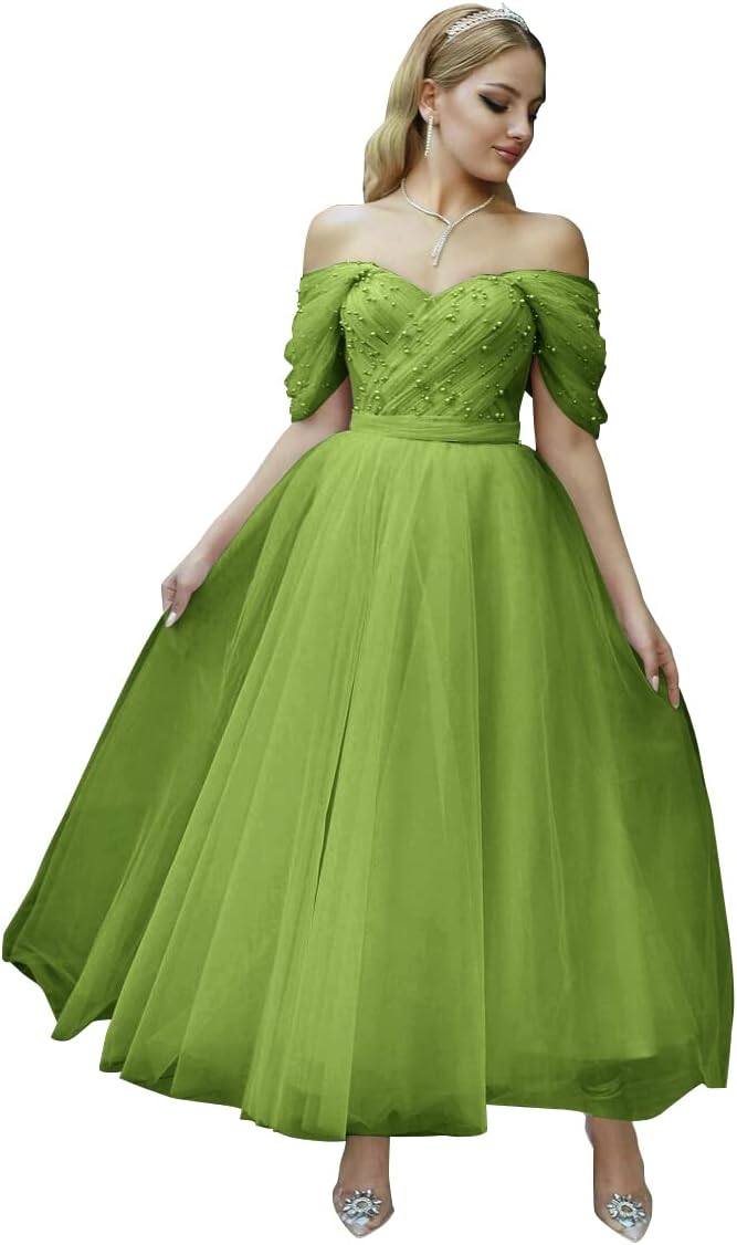 Tulle Tea Length Prom Dresses for Women Off The Shoulder Ball Gowns Teens Sweetheart Beaded Puffy Princess Dress