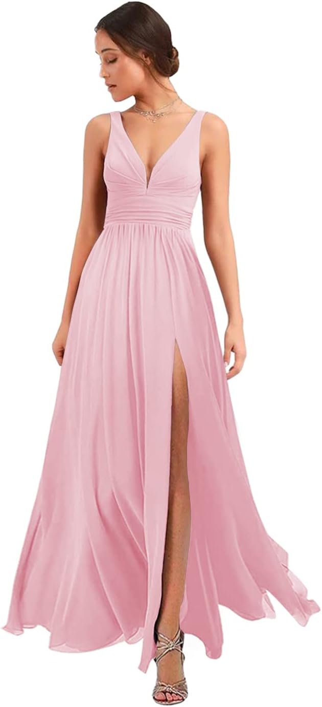 Women's Deep V Neck Bridesmaid Dresses with Slit Chiffon Pleats A Line Formal Party Dresses with Pockets