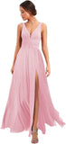 Women's Deep V Neck Bridesmaid Dresses with Slit Chiffon Pleats A Line Formal Party Dresses with Pockets