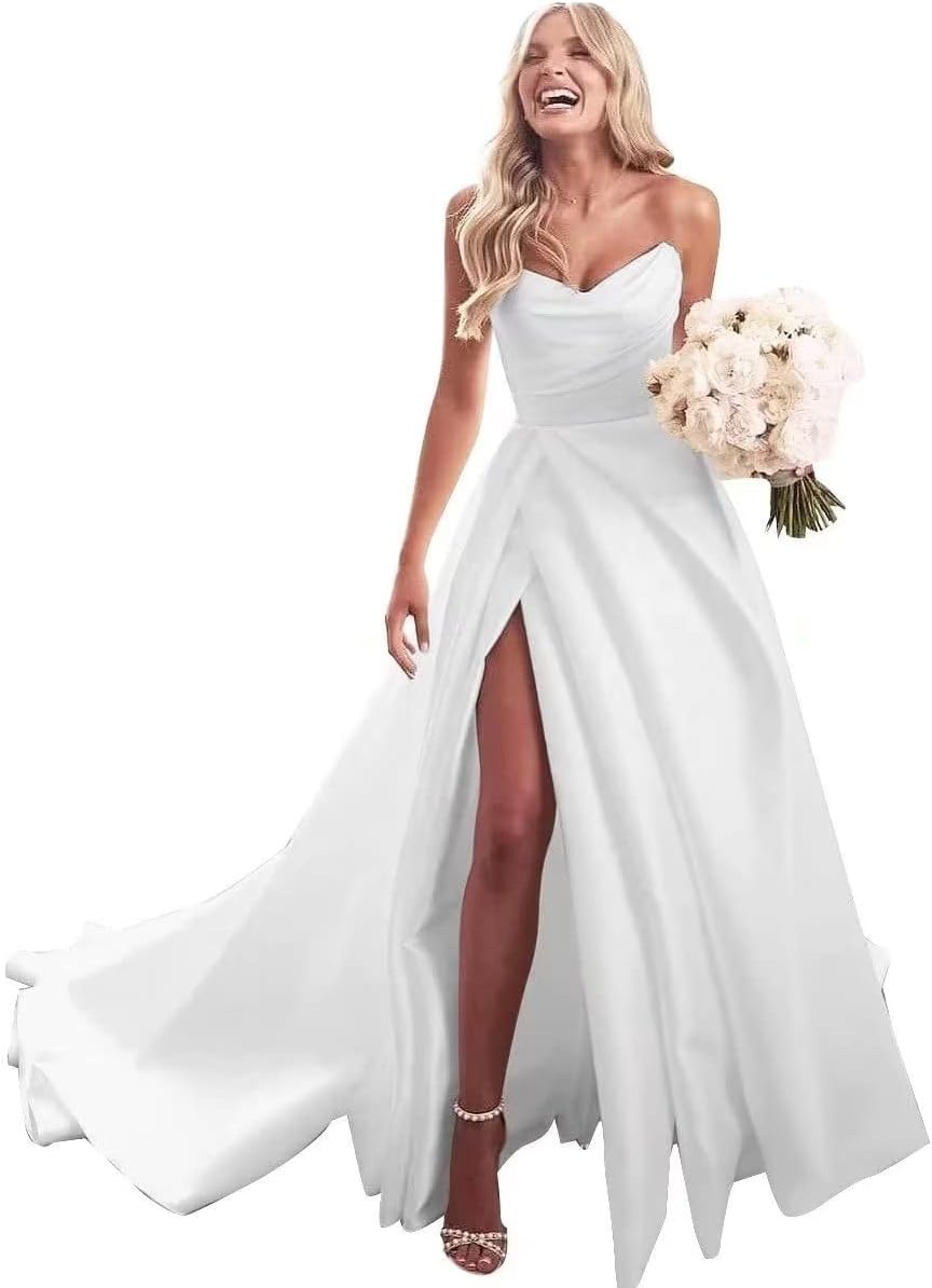 Trägerloses Ballkleid, langes Ballkleid, Satin-Brautkleid für die Braut, A-Linie, formelle Abendkleider mit Schlitz 