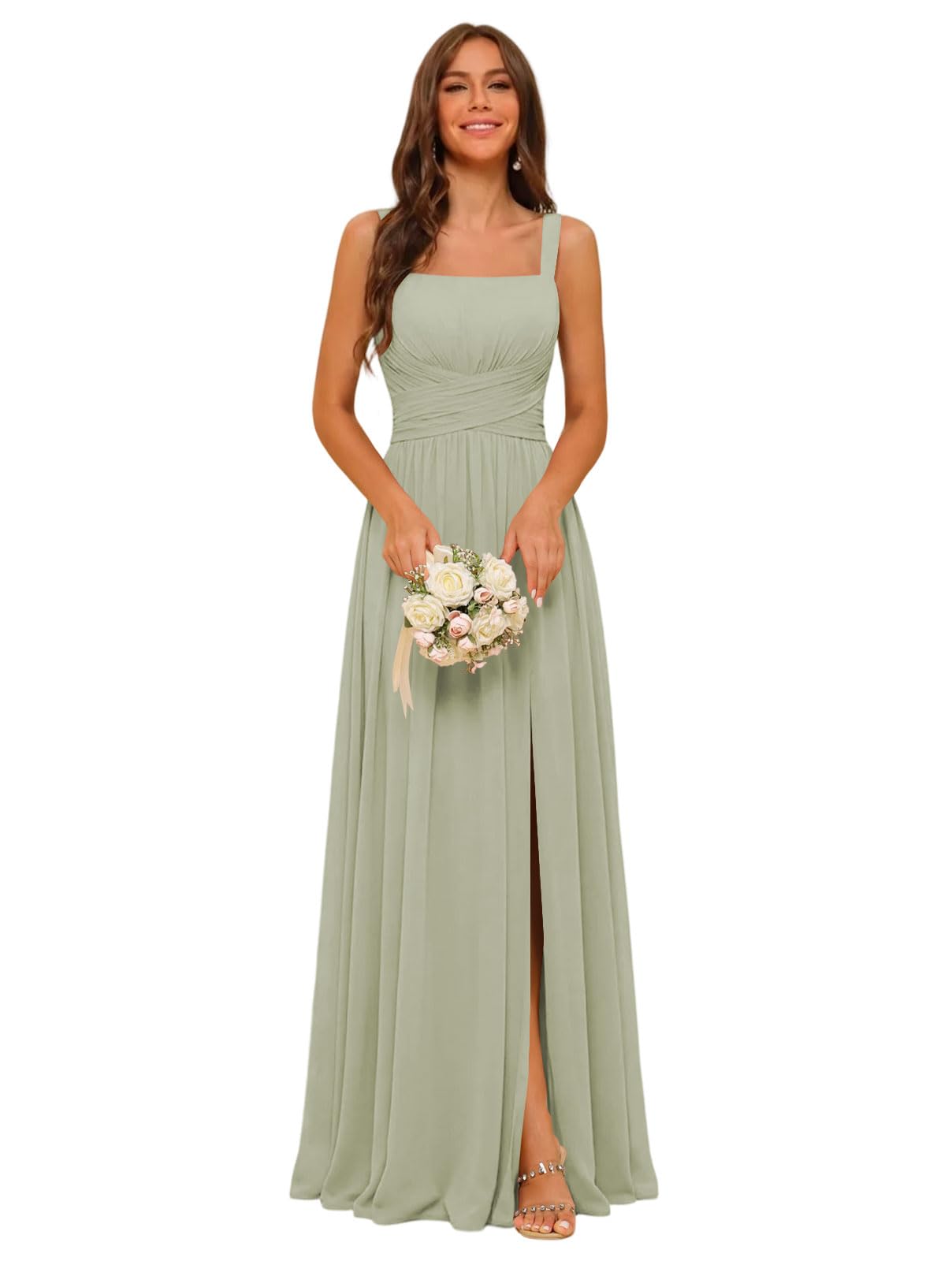 Square Neck Bridesmaid Dress Spaghetti Straps Chiffon Long Formal Dress for Women