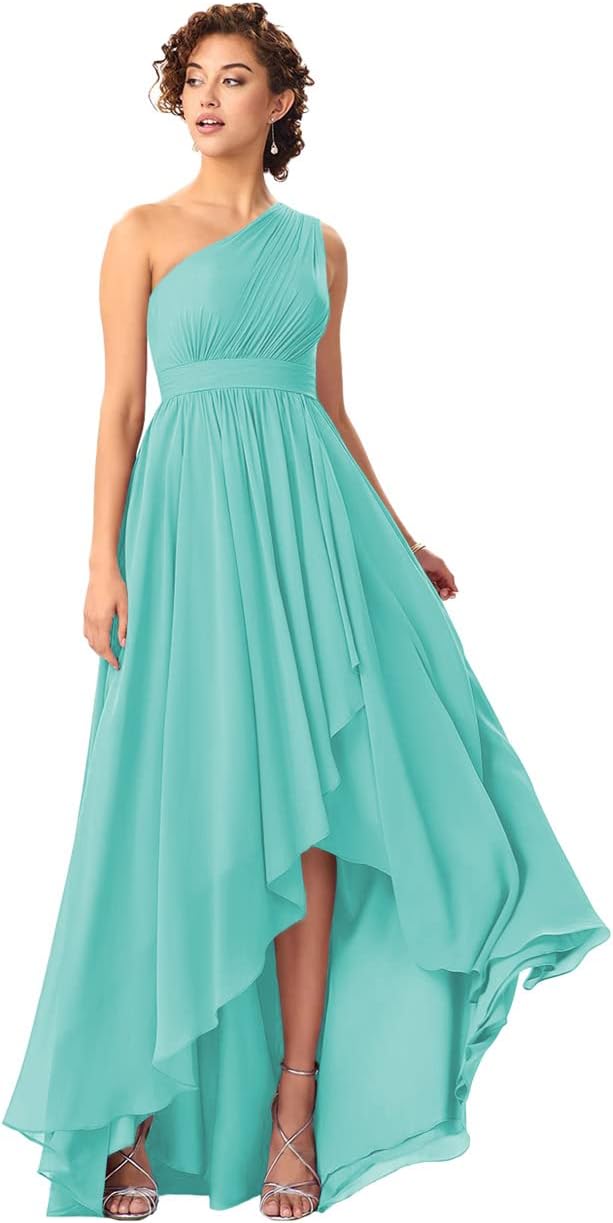 Women's One Shoulder Bridesmaid Dresses High Low Chiffon Formal Party Gowns with Pockets