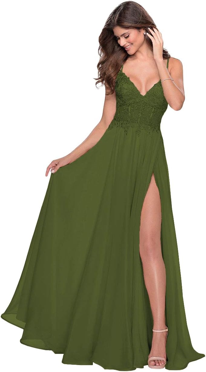 Women's Lace Appliqued Chiffon Prom Dresses Long with Slit Spaghetti Straps V Neck Formal Party Gowns