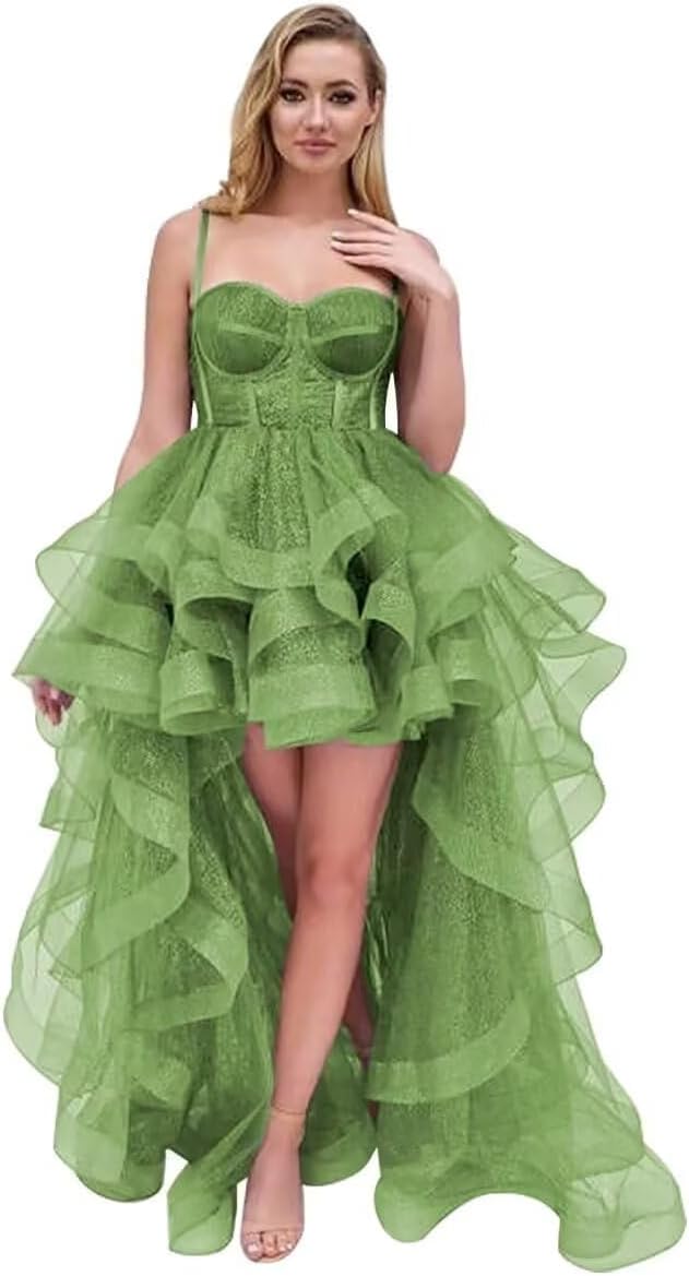 Spaghetti Cocktail Party Dress for Women High-Low Ruffled Summer Dress Long Trailing Prom Ball Gown