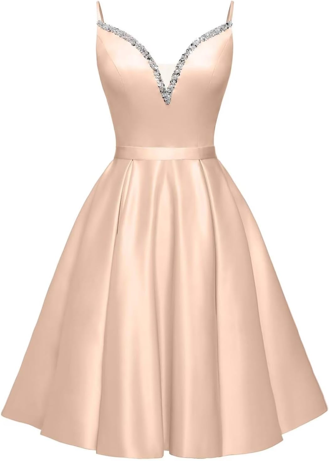Spaghetti Straps Satin Homecoming Dresses for Teens V-Neck Short Prom Dress A-Line Beaded Cocktail Party Gowns
